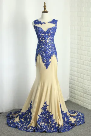 2024 Mermaid Spandex Scoop Prom Dresses With Applique Sweep Train