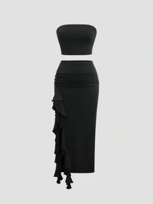 2pcs Women Summer Solid Color Bandeau Top And Ruffle Hem Split Pencil Skirt Set