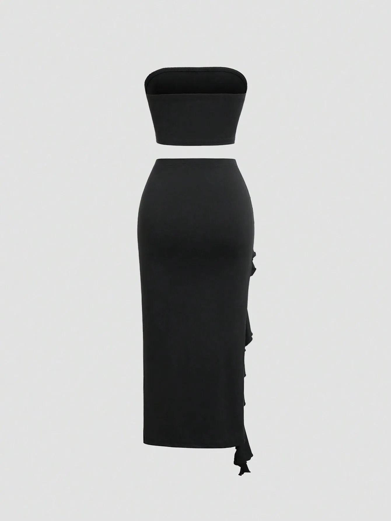 2pcs Women Summer Solid Color Bandeau Top And Ruffle Hem Split Pencil Skirt Set