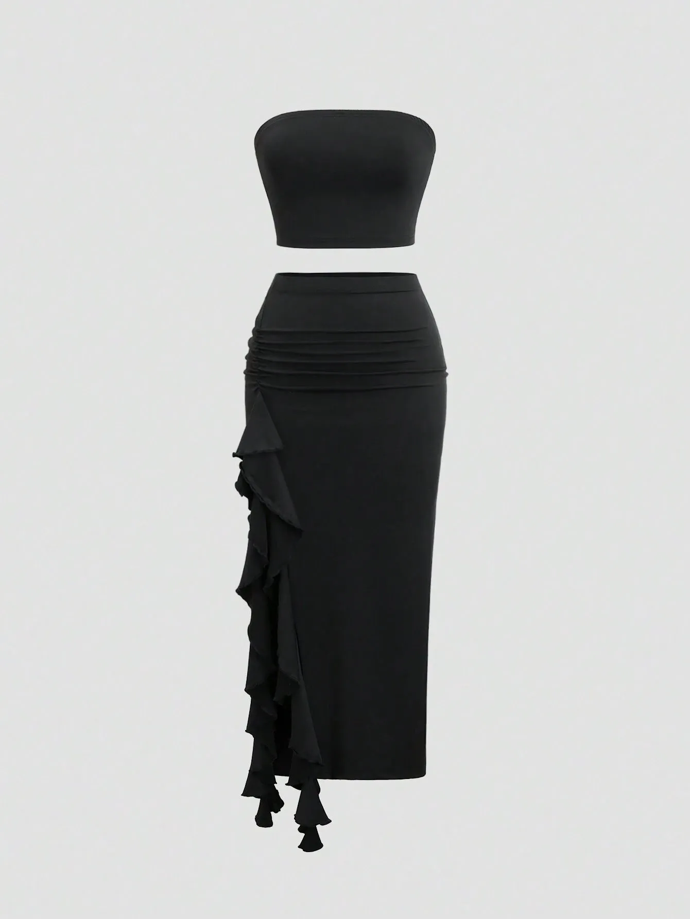 2pcs Women Summer Solid Color Bandeau Top And Ruffle Hem Split Pencil Skirt Set