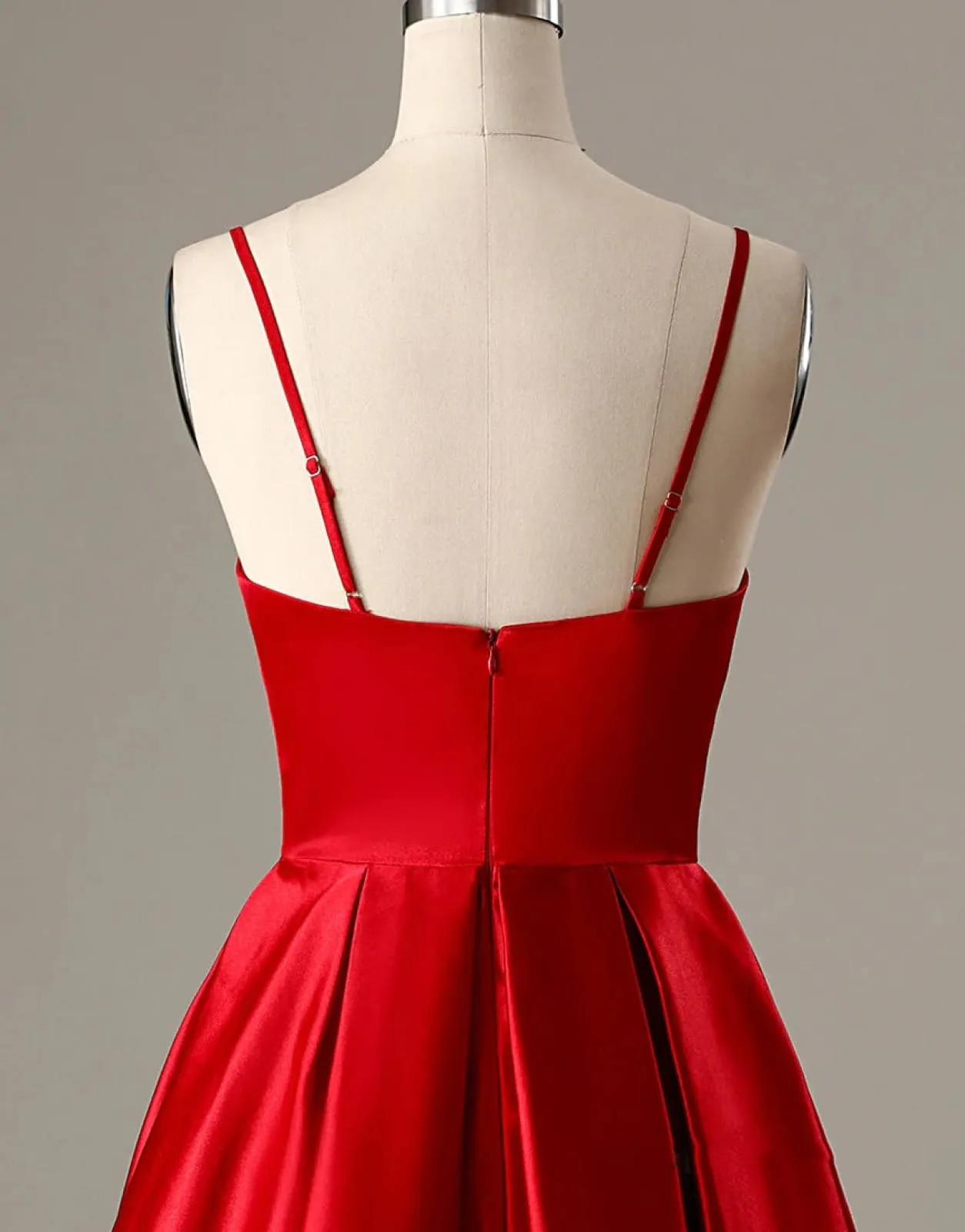 A-Line Spaghetti Straps V Neck Red Satin Homecoming Dress, Pockets
