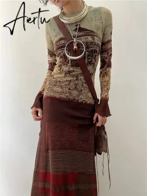Aiertu Y2k Aesthetic Vintage Fashion Harajuku Dress Personality Chic Print O Neck Dresses Patchwork Contrast Color Grunge Vestido Women