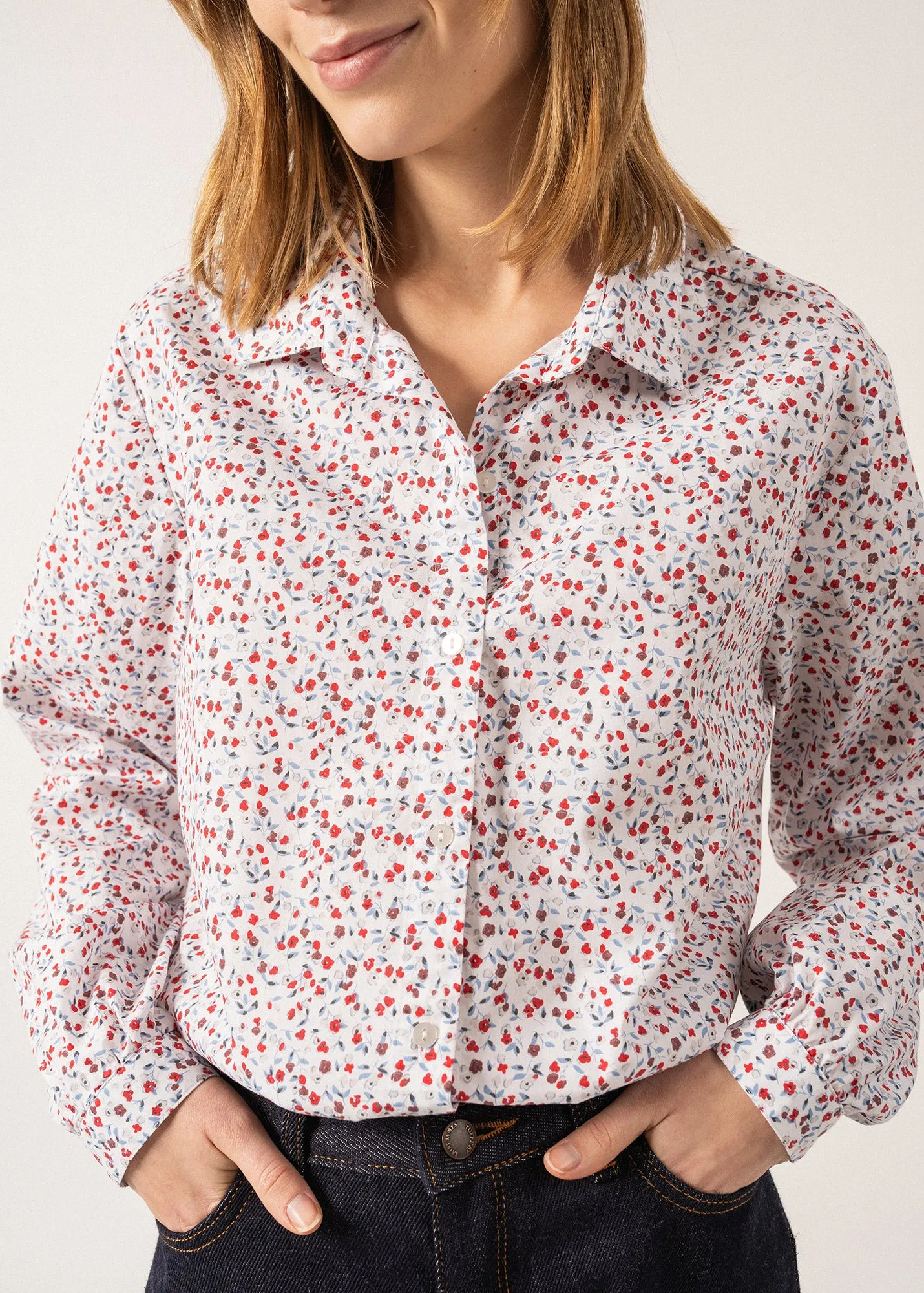 Alicia Printed Cotton Blouse - with floral motifs (BLANC D'HIVER/OXYGENE/TULIPE)