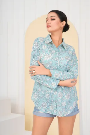 Aqua Color Floral Printed Rhinestone Cotton Cambric Shirt