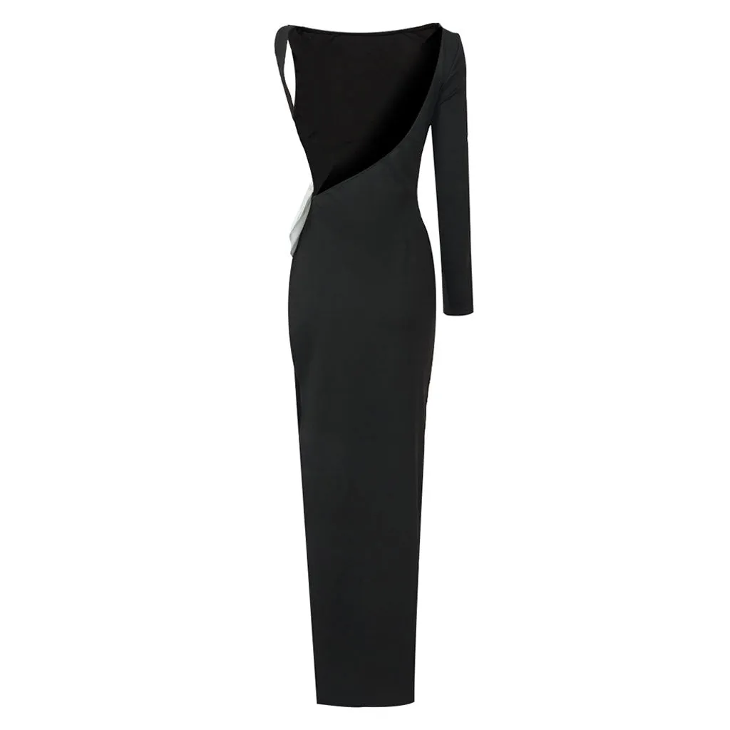 Artsy Big Bow Backless Boat Neck Long Sleeve Side Split Thigh Maxi Evening Dress