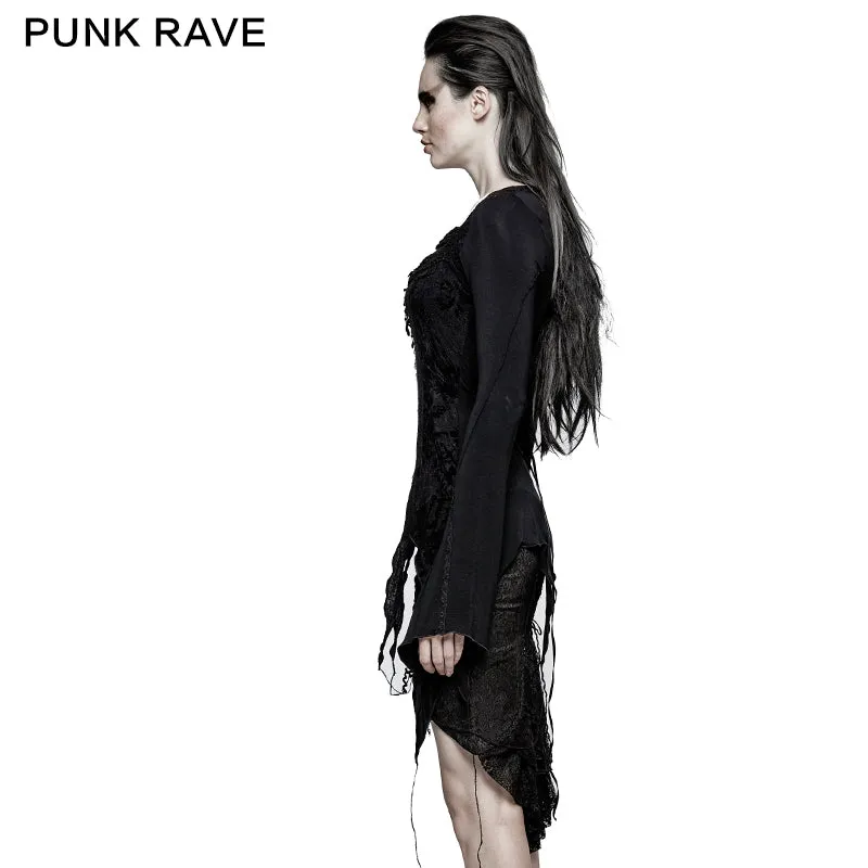 Asymmetric Hem Square Collar Feminine Gothic T-shirts