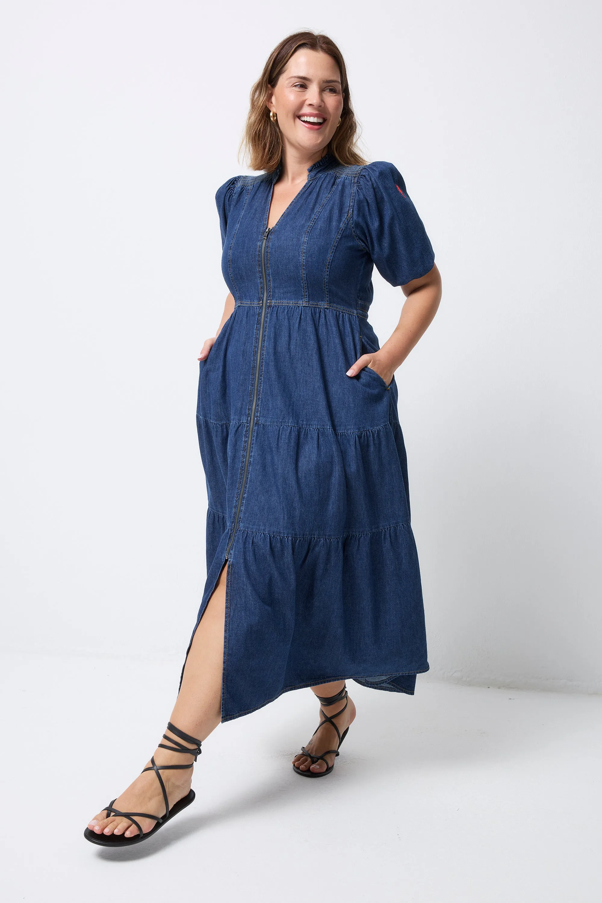 Authentic Indigo Zip Detail Tiered Midi Denim Dress