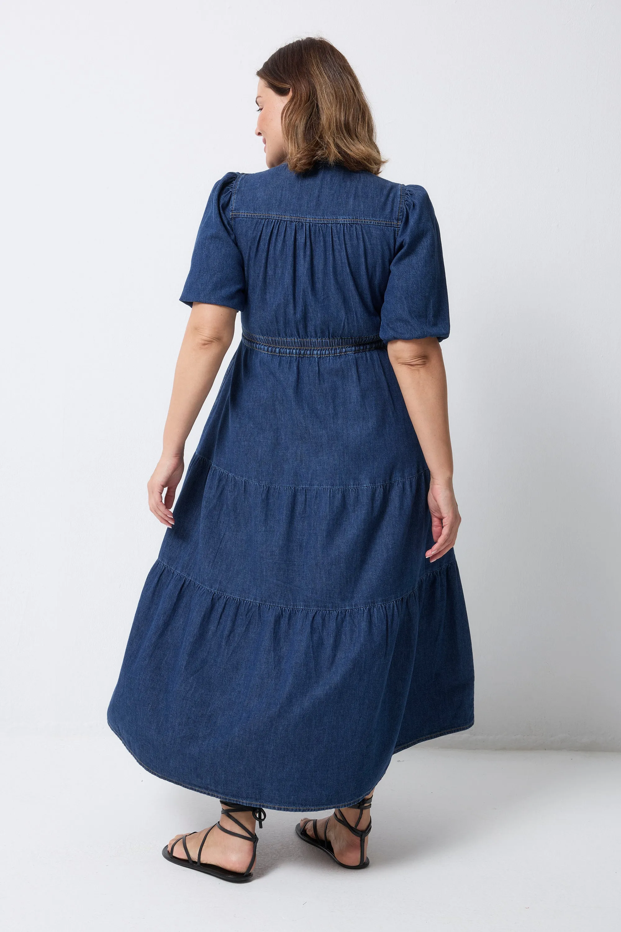 Authentic Indigo Zip Detail Tiered Midi Denim Dress