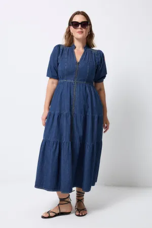 Authentic Indigo Zip Detail Tiered Midi Denim Dress