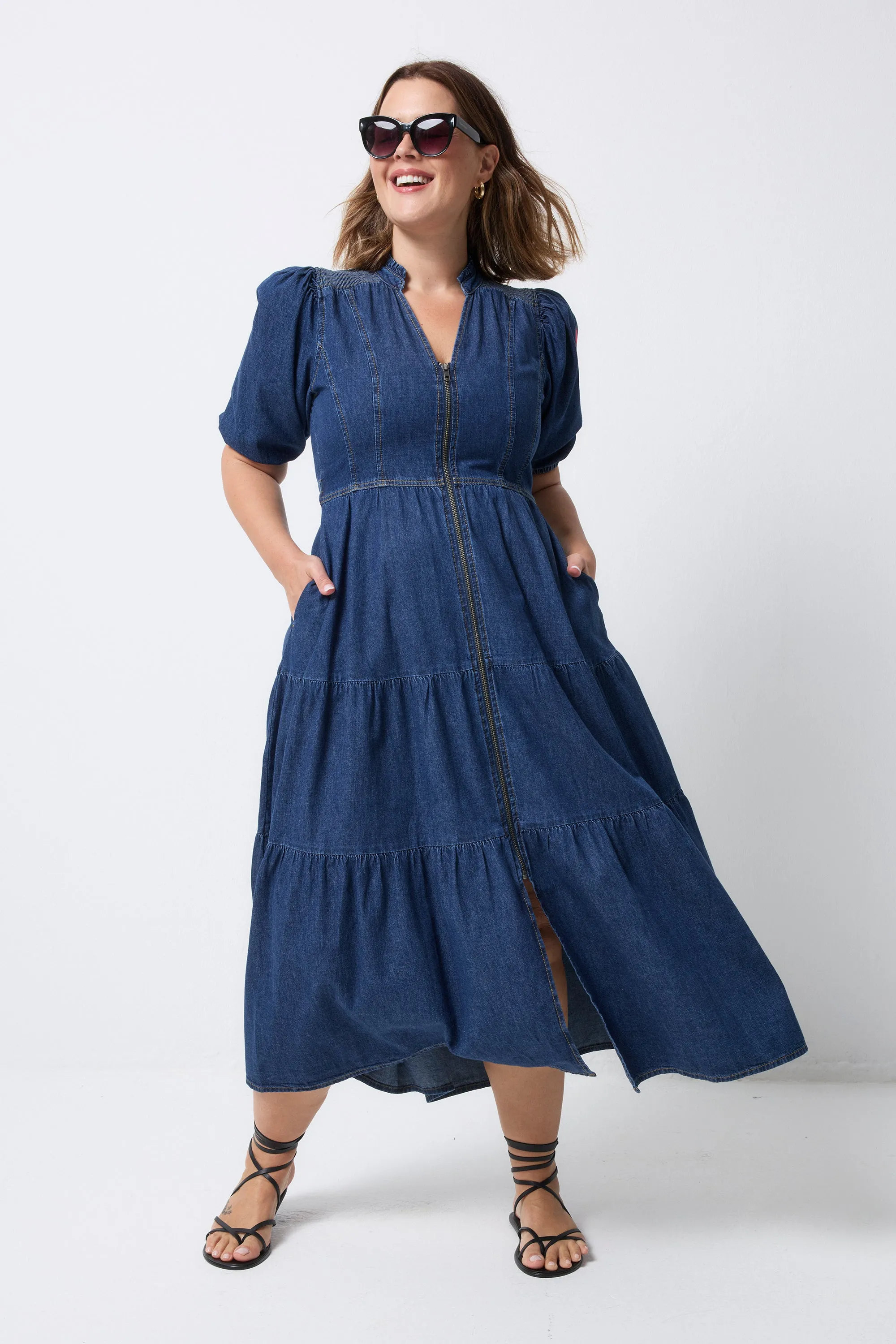 Authentic Indigo Zip Detail Tiered Midi Denim Dress