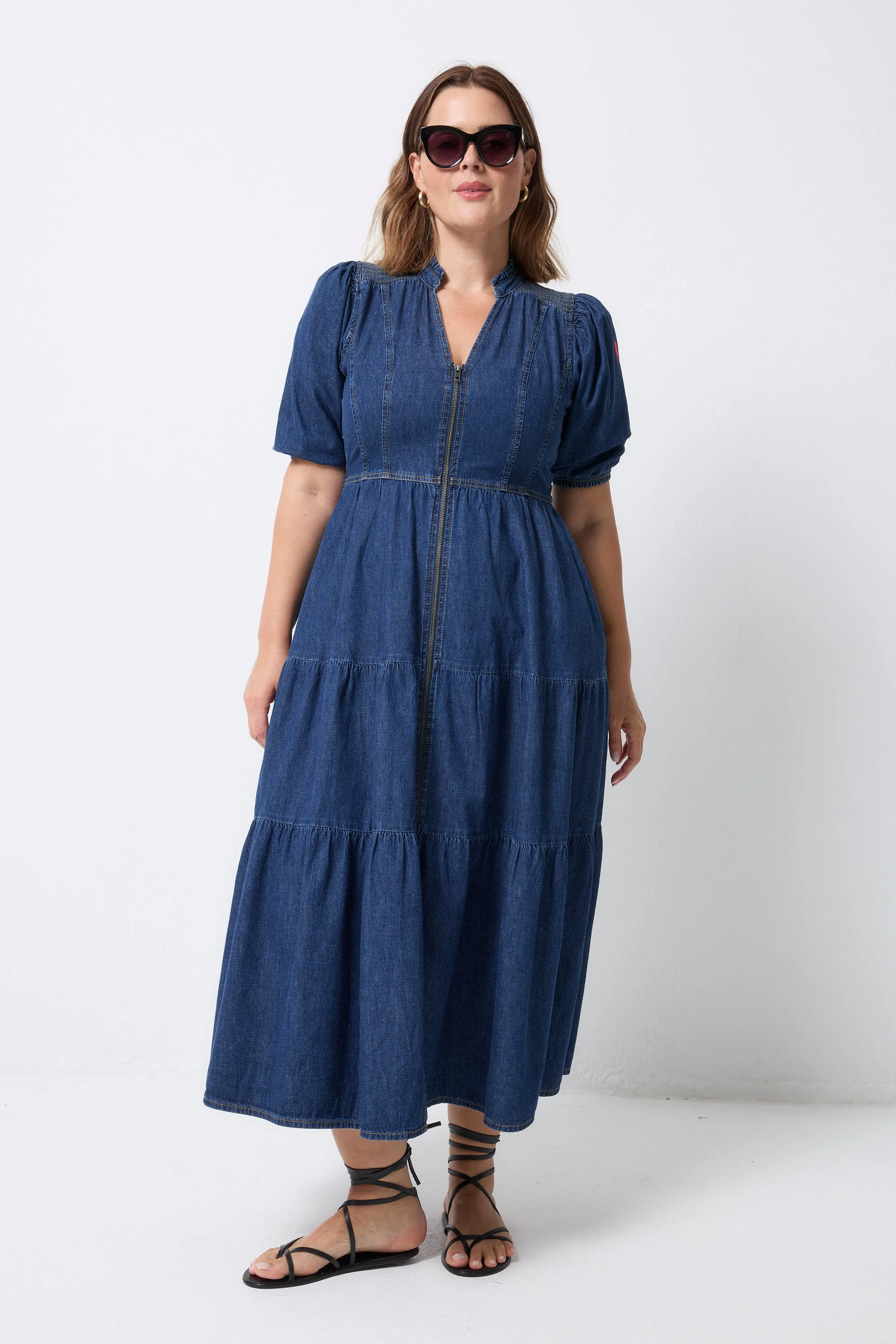Authentic Indigo Zip Detail Tiered Midi Denim Dress