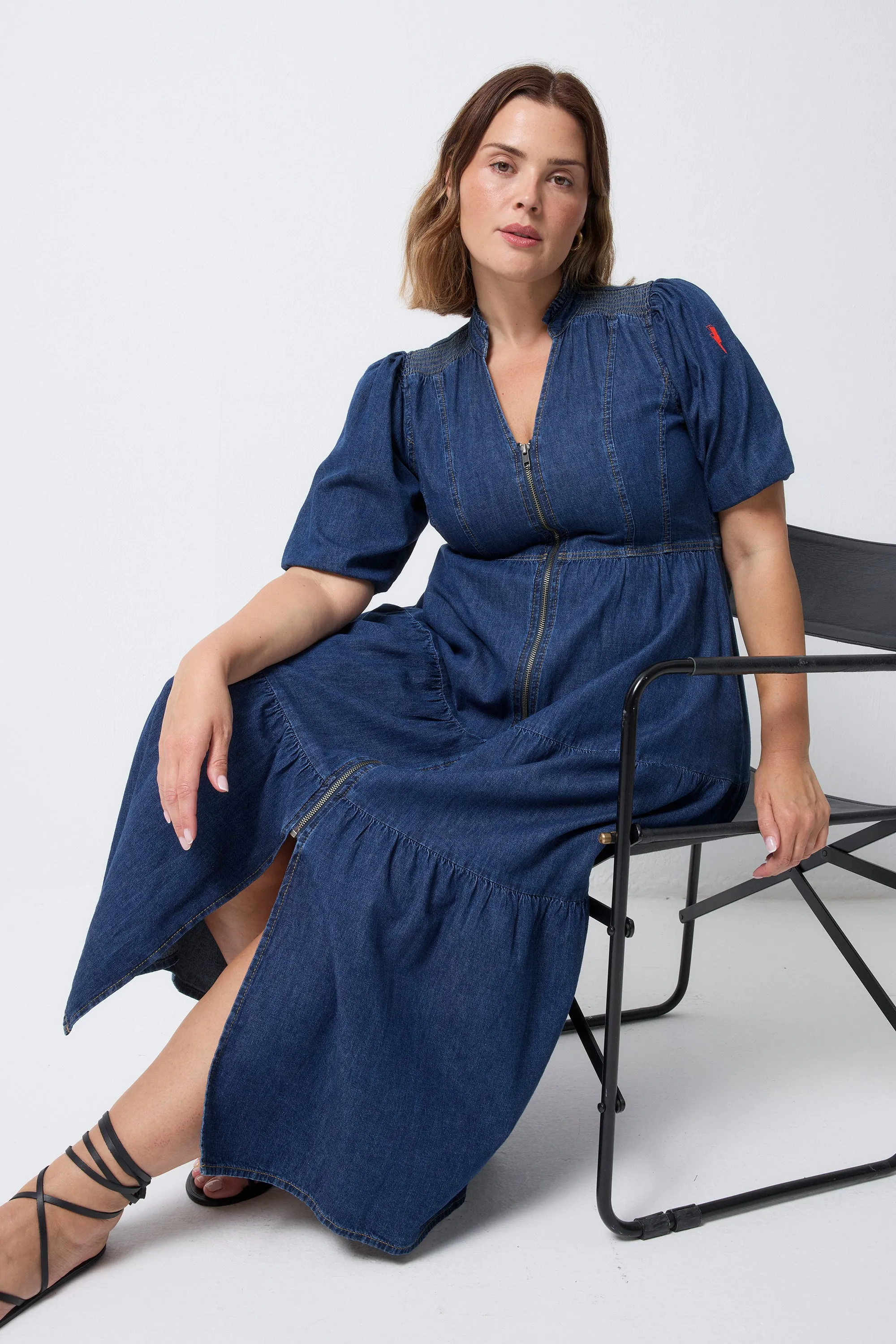 Authentic Indigo Zip Detail Tiered Midi Denim Dress