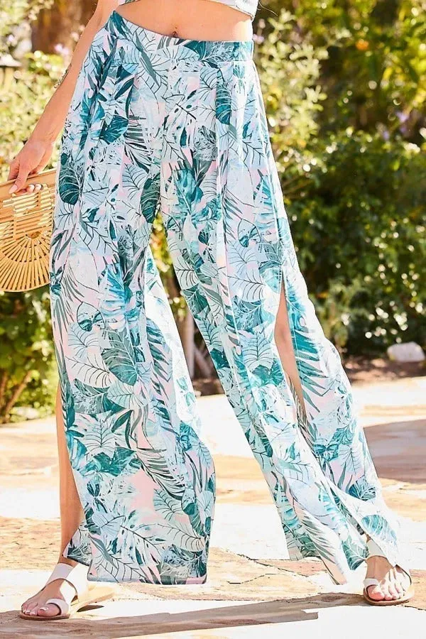 Back Elastic Waist Band Side Pockets Pleat Side Open Slit Tropical Print Pants by VYSN