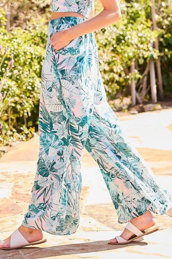 Back Elastic Waist Band Side Pockets Pleat Side Open Slit Tropical Print Pants by VYSN