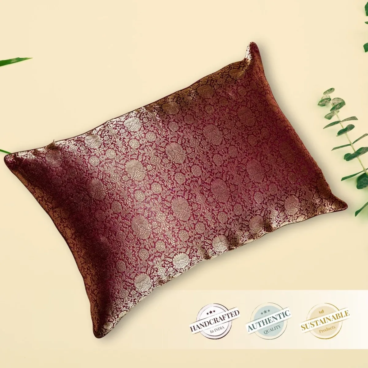 Banarasi Silk Cushion Cover in Wine & Gold