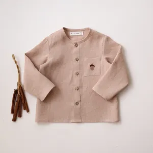 Beige Linen Long Sleeve Button Front Top with Pocket with "Acorn" Embroidery