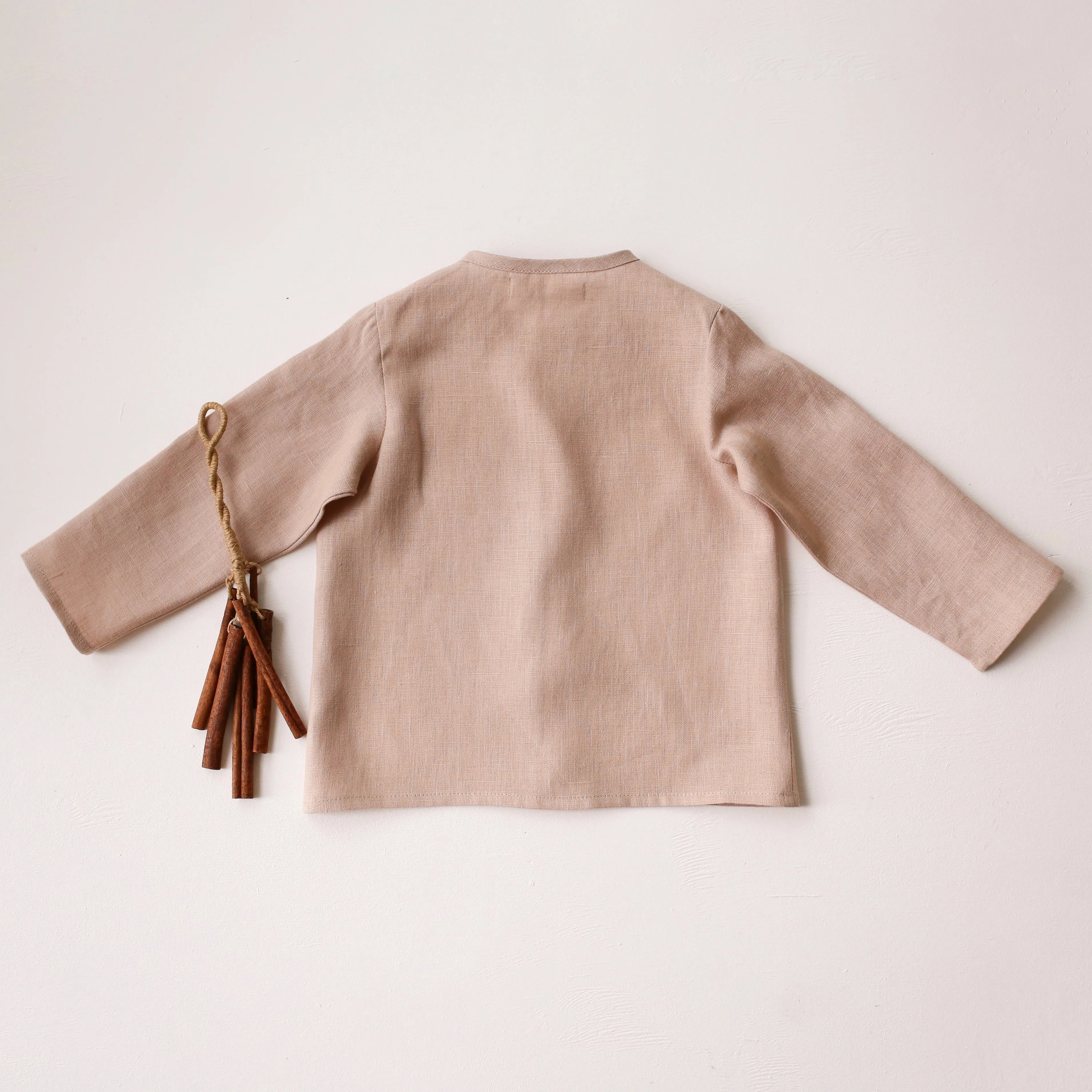 Beige Linen Long Sleeve Button Front Top with Pocket with "Acorn" Embroidery