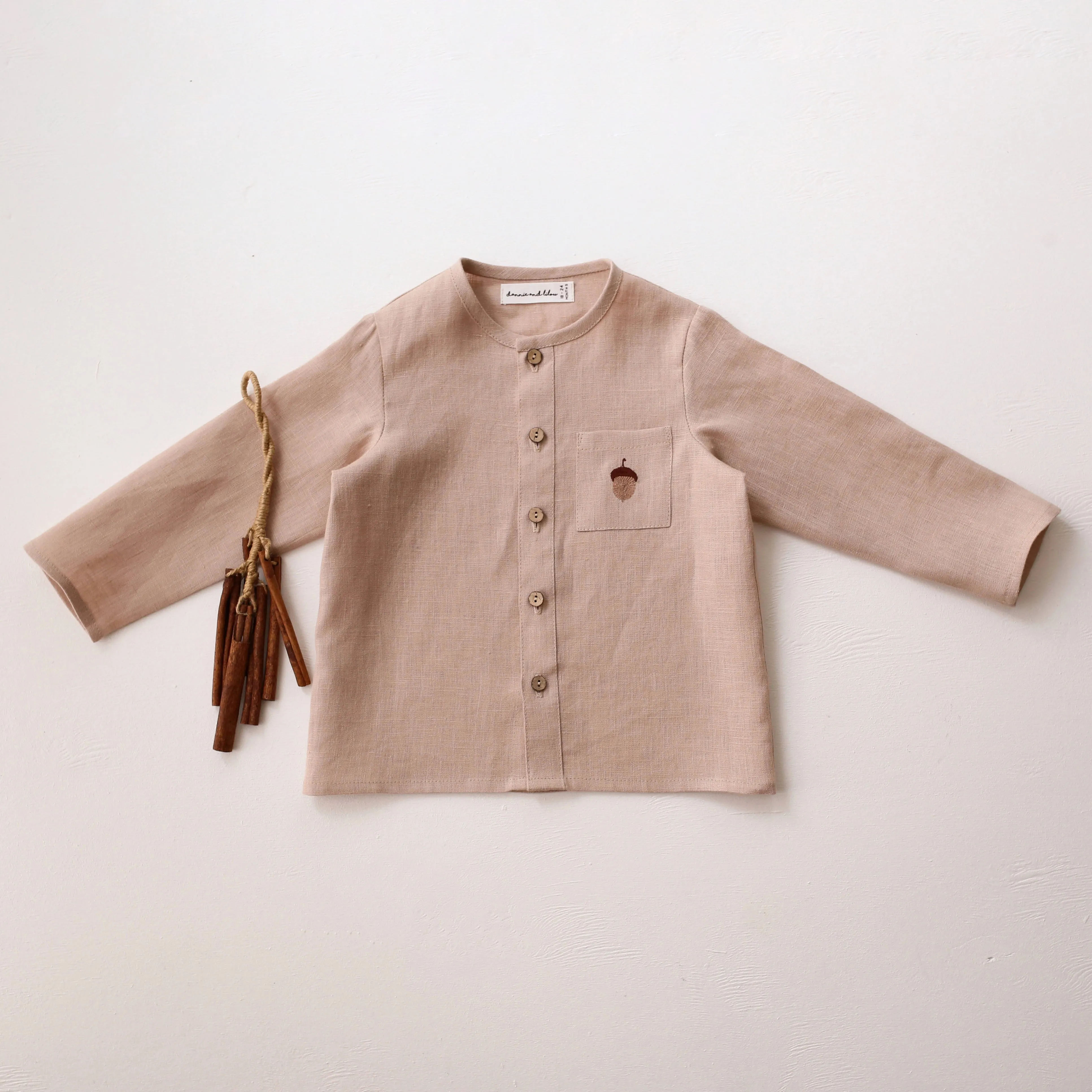 Beige Linen Long Sleeve Button Front Top with Pocket with "Acorn" Embroidery