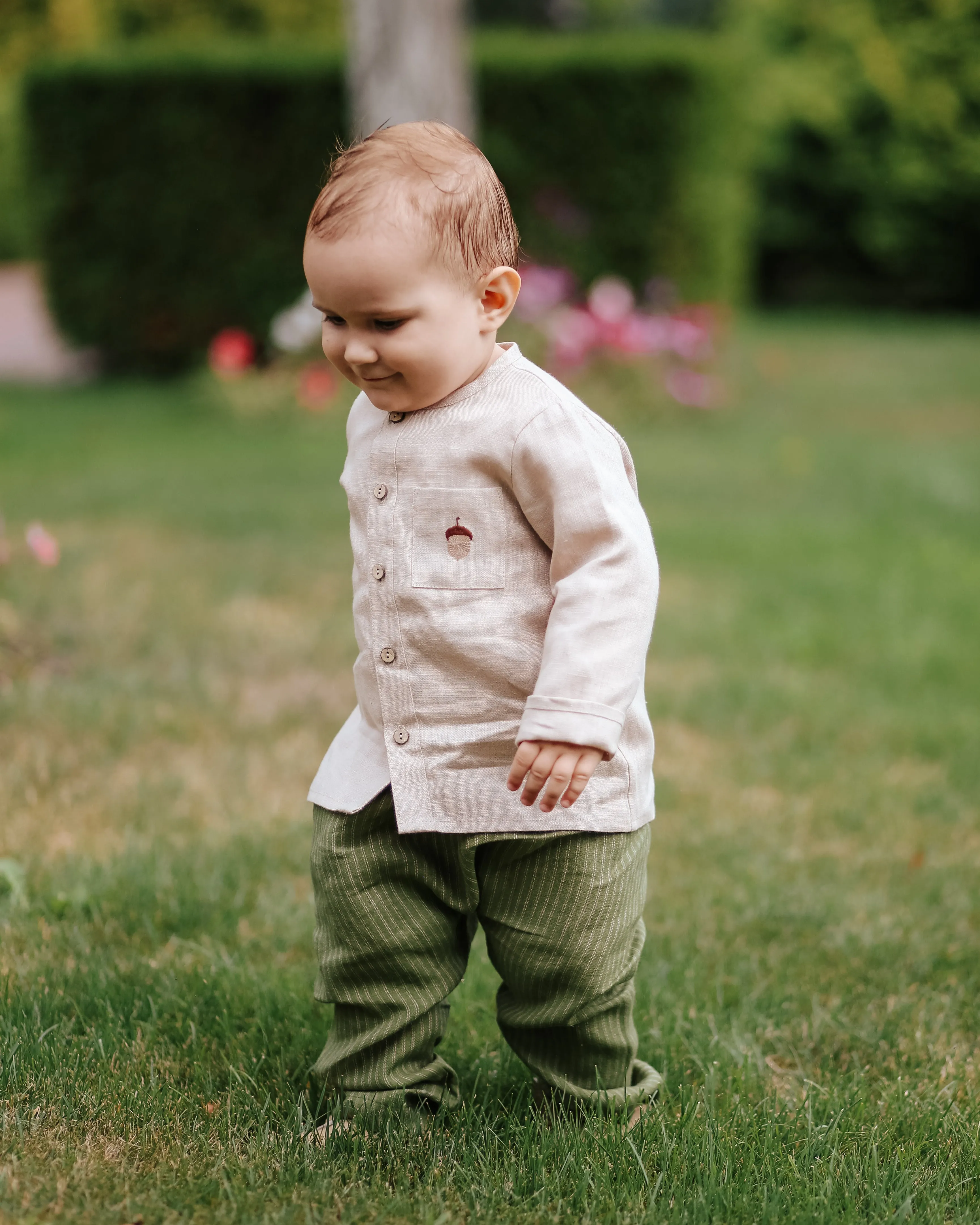 Beige Linen Long Sleeve Button Front Top with Pocket with "Acorn" Embroidery