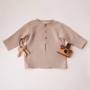 Beige Linen Long Sleeve Buttoned Top