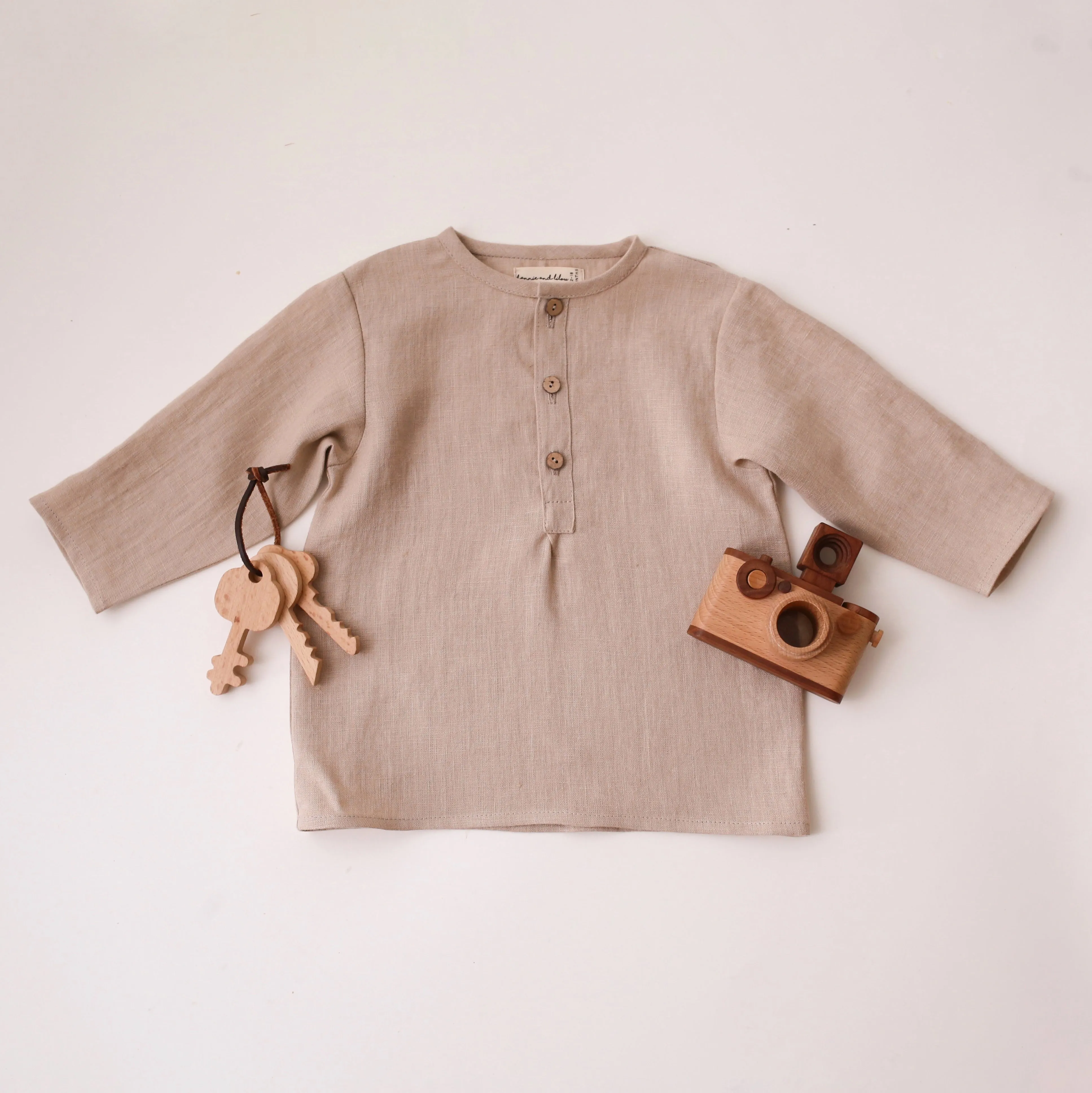 Beige Linen Long Sleeve Buttoned Top