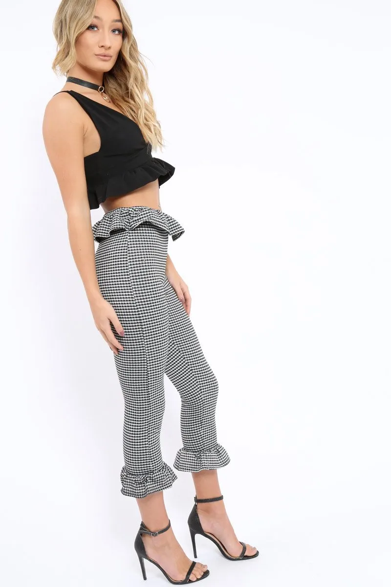 Black Gingham Frill Hem Trousers - Marianne