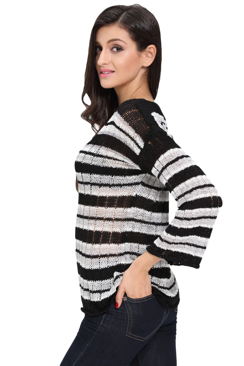 Black Stripes Long Sleeve Sheer Knit Sweater