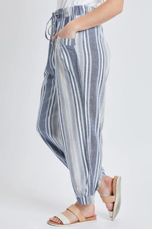 Blue Multi Missy Linen Jogger Pant With Pleated Hem