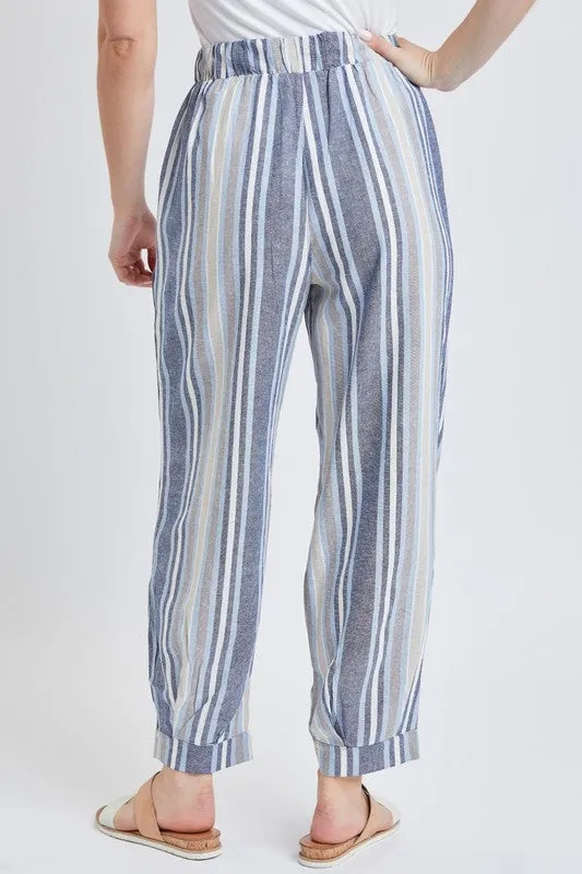 Blue Multi Missy Linen Jogger Pant With Pleated Hem