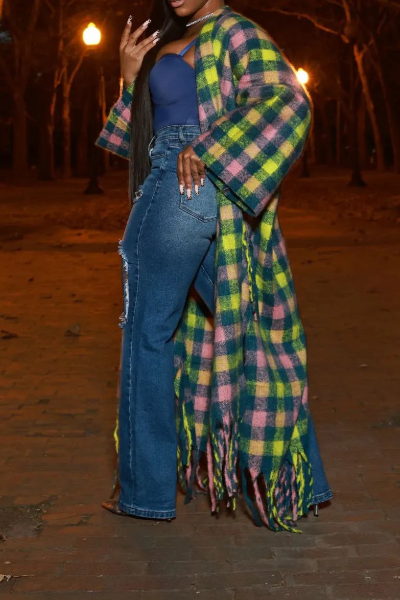 Casual Vintage Plaid Fringe Hem Cardigan