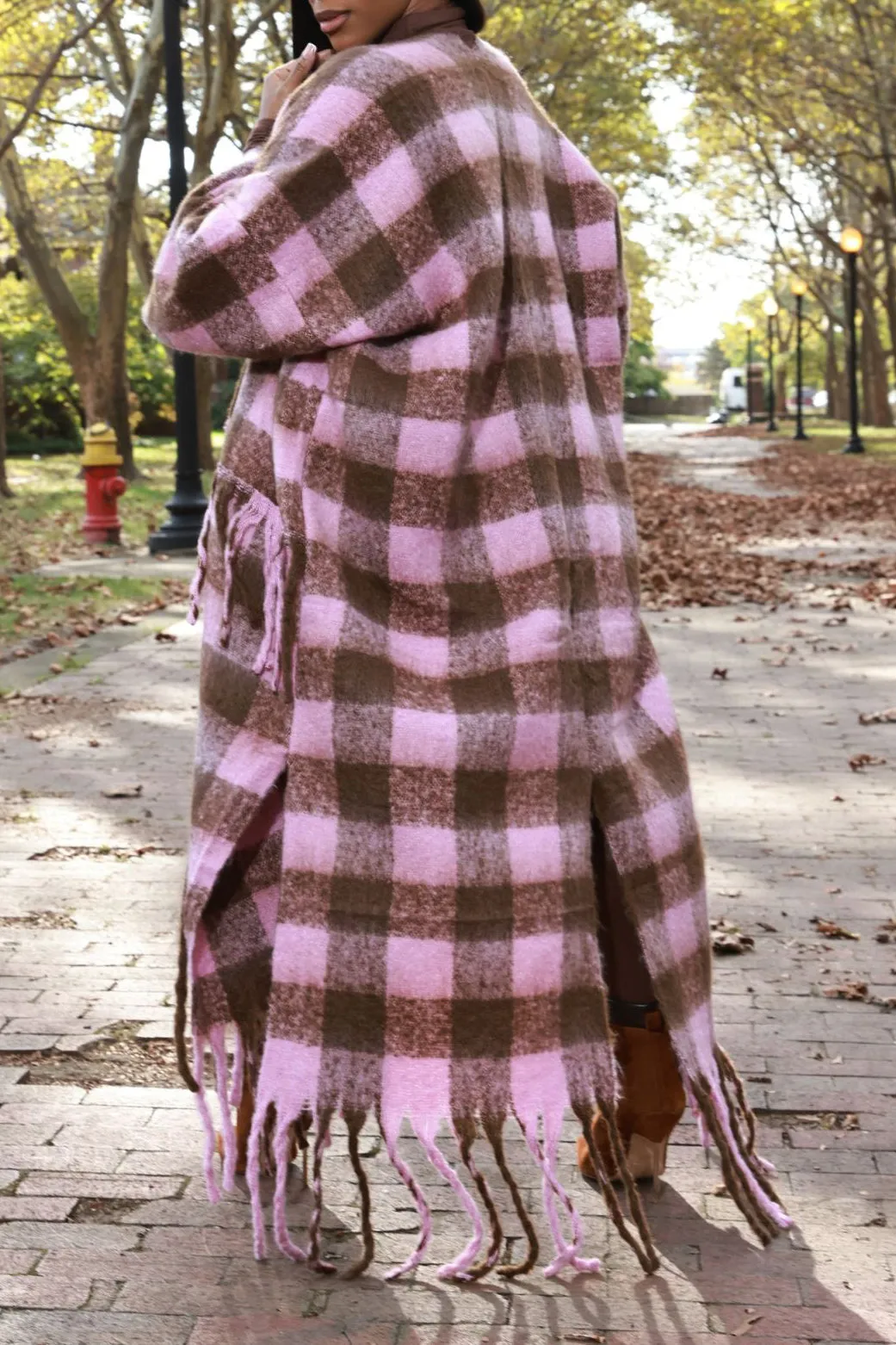 Casual Vintage Plaid Fringe Hem Cardigan