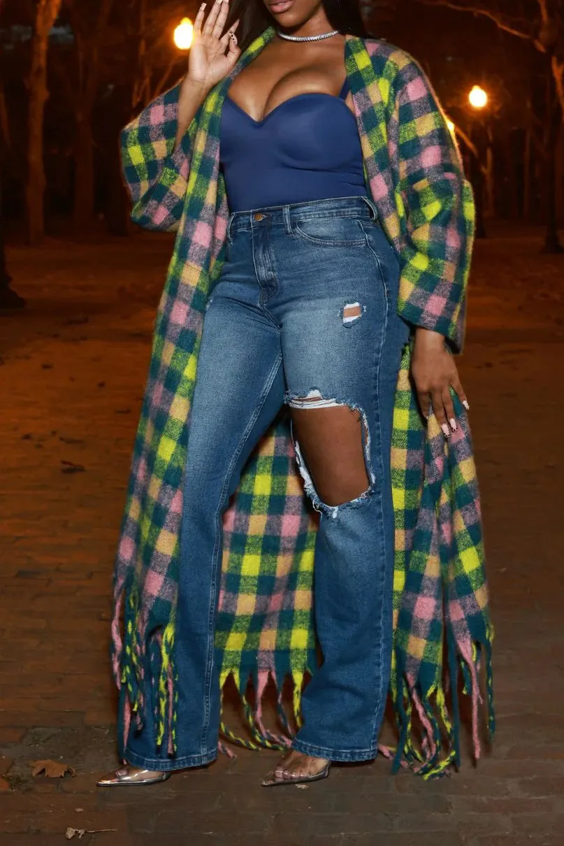 Casual Vintage Plaid Fringe Hem Cardigan