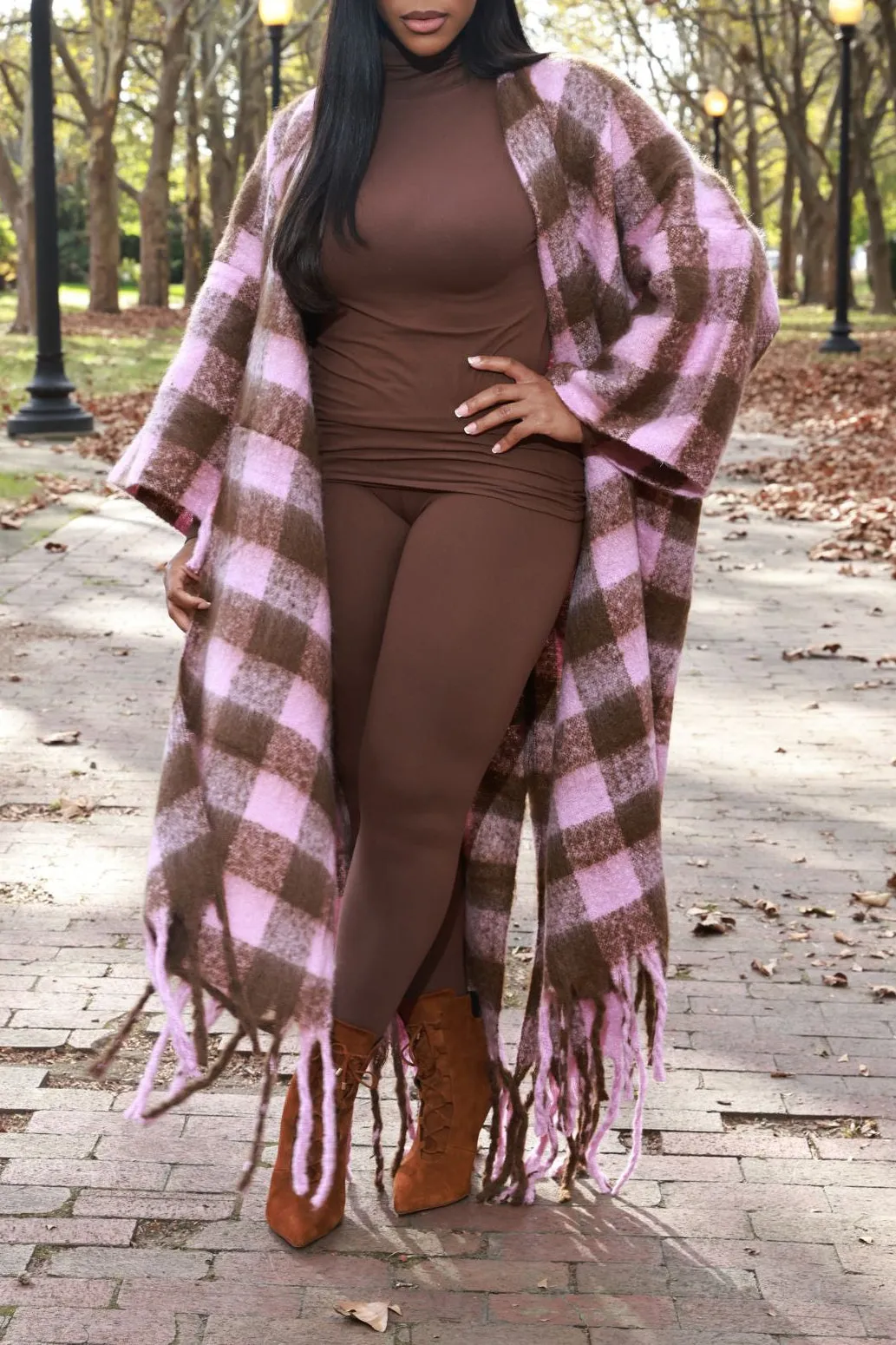 Casual Vintage Plaid Fringe Hem Cardigan