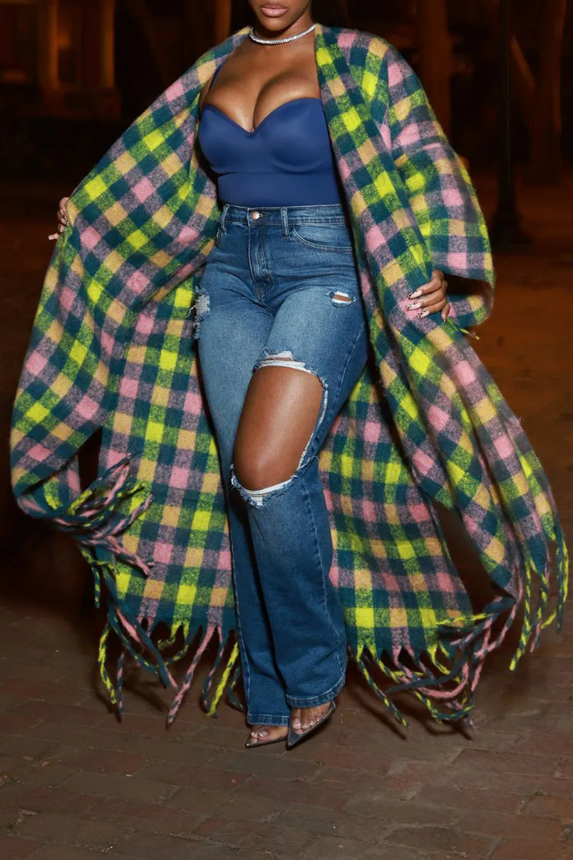 Casual Vintage Plaid Fringe Hem Cardigan