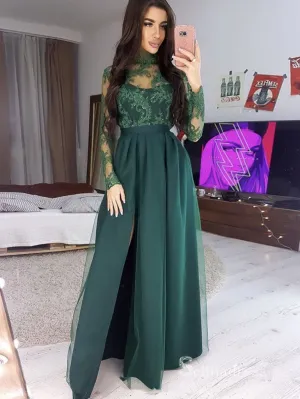 Chic A-line High Neck Dark Green Long Sleeve Prom Dresses Lace Long Evening Gowns CBD584