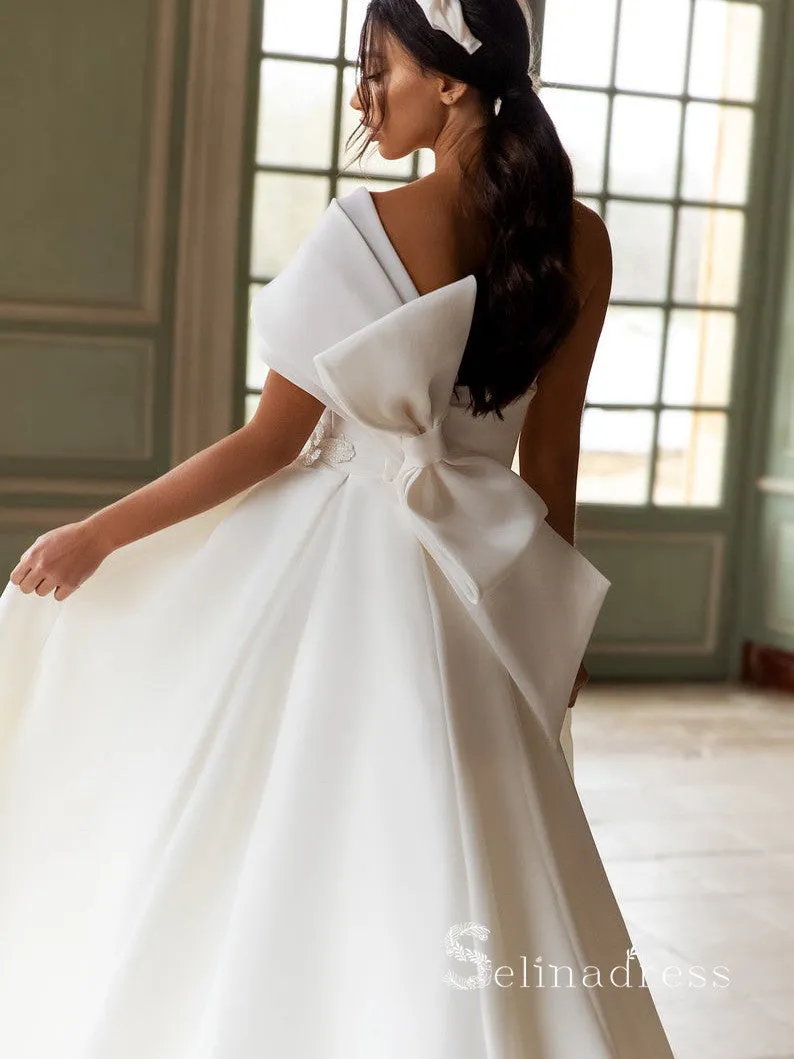 Chic A-line One Shoulder White Wedding Dresses WIth Big Bow Bridal Gowns CBD413