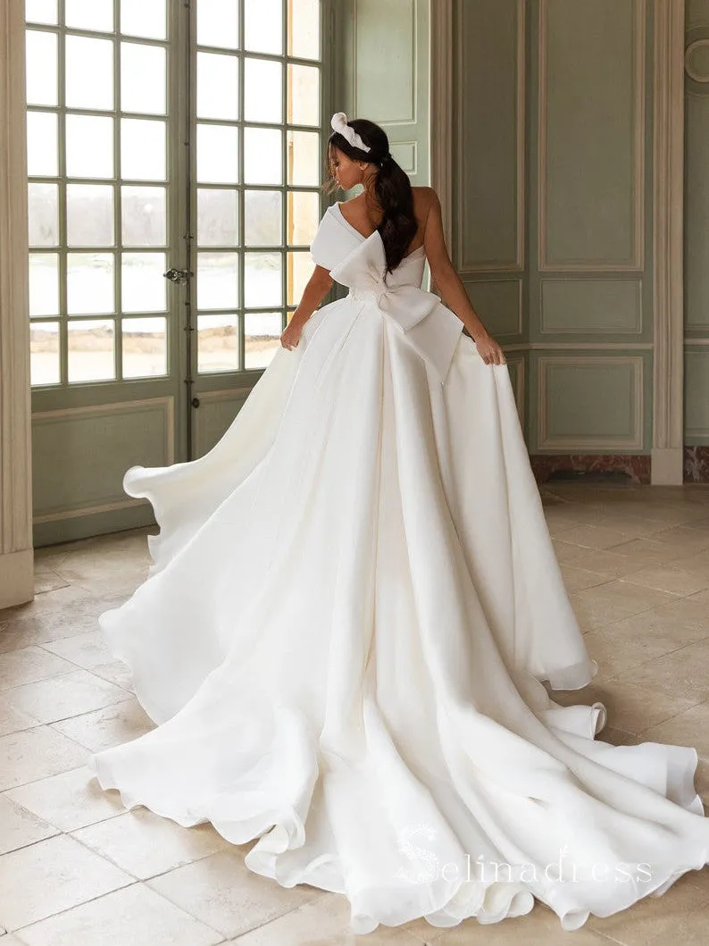 Chic A-line One Shoulder White Wedding Dresses WIth Big Bow Bridal Gowns CBD413