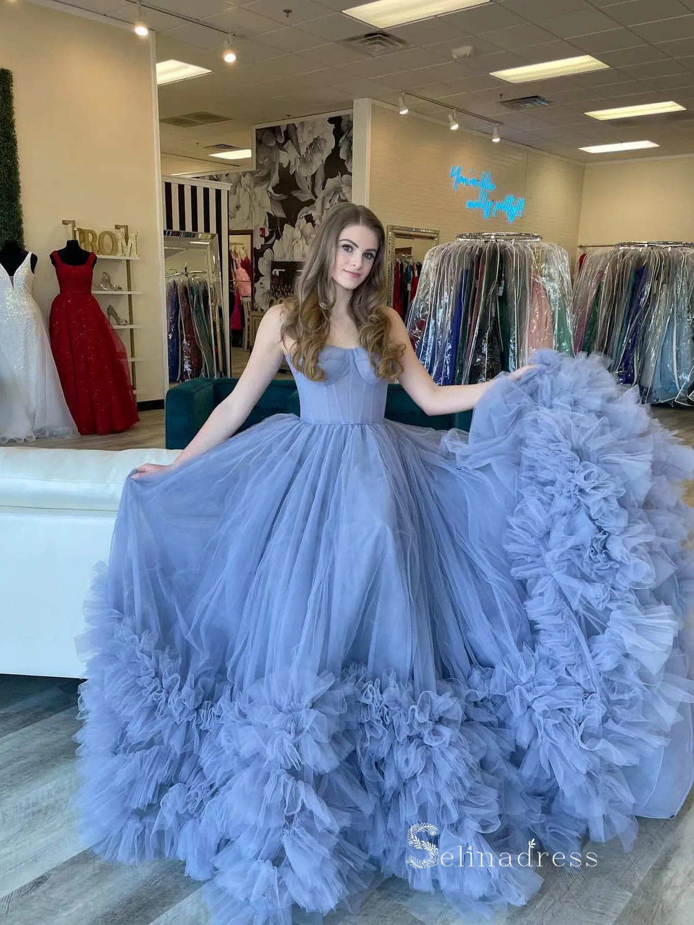 Chic A-line Strapless Dusty Pink Long Prom Dresses Tulle Evening Bridal Gowns MLK034