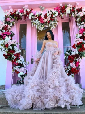 Chic A-line Strapless Dusty Pink Long Prom Dresses Tulle Evening Bridal Gowns MLK034