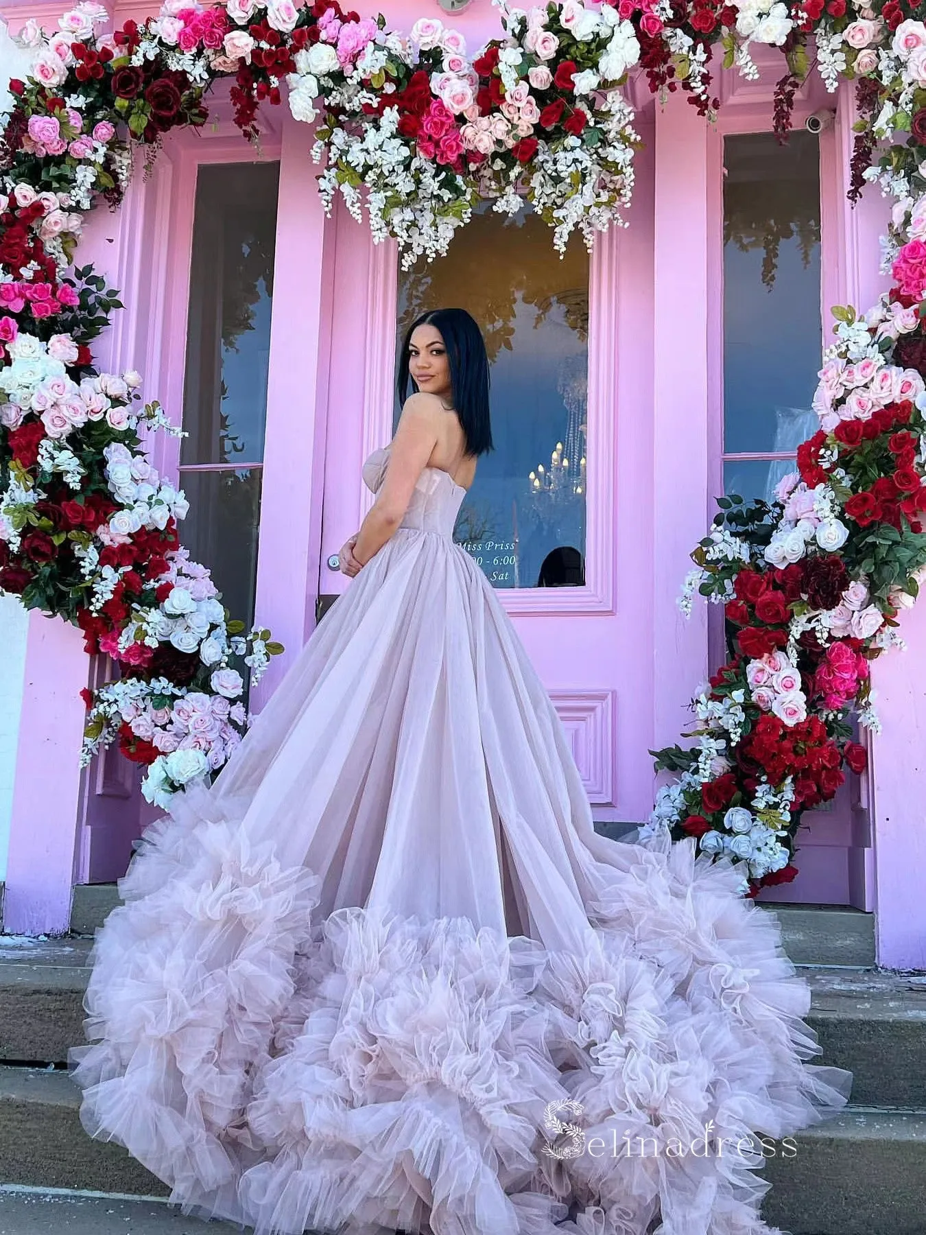 Chic A-line Strapless Dusty Pink Long Prom Dresses Tulle Evening Bridal Gowns MLK034