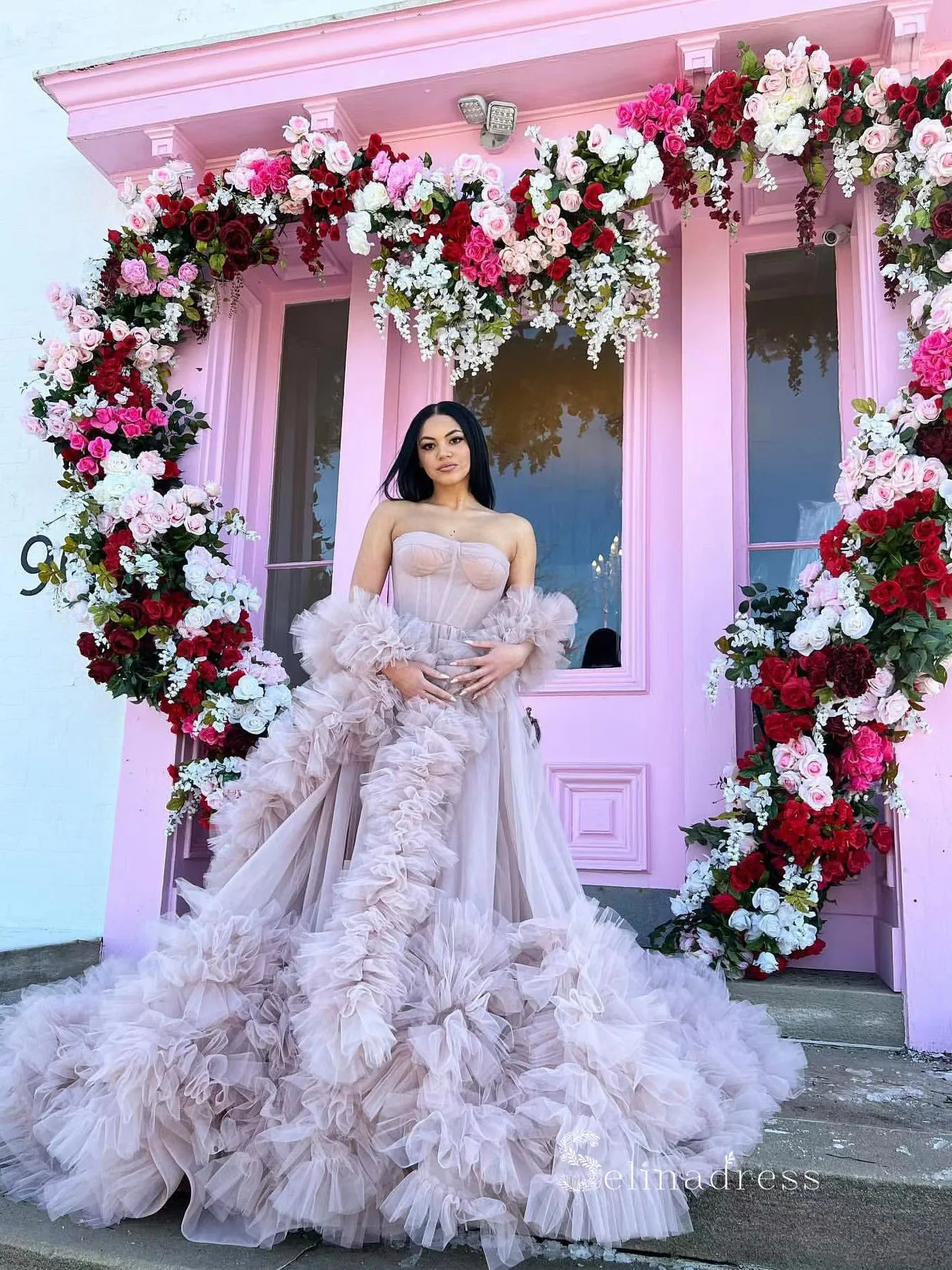 Chic A-line Strapless Dusty Pink Long Prom Dresses Tulle Evening Bridal Gowns MLK034
