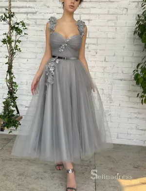 Chic A-line Straps Ankle-length Cheap Prom Dresses Gray Evening Dresses MLH1998