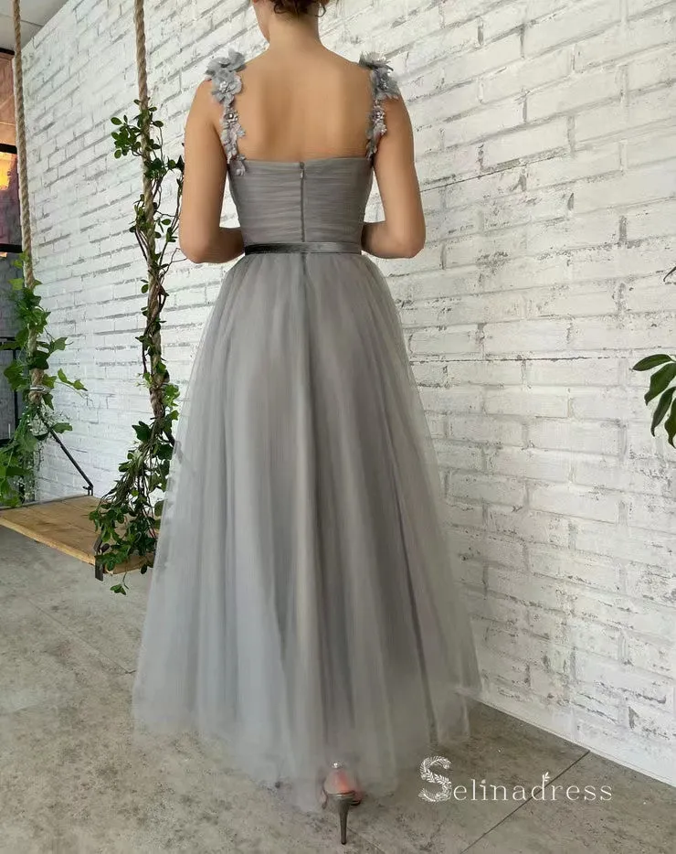Chic A-line Straps Ankle-length Cheap Prom Dresses Gray Evening Dresses MLH1998