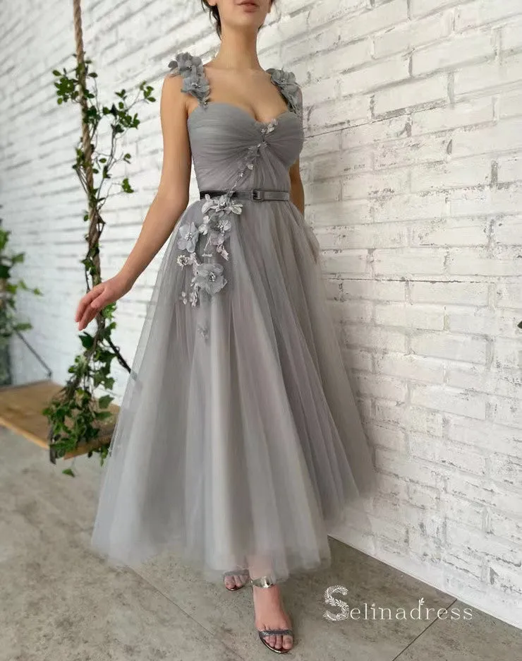 Chic A-line Straps Ankle-length Cheap Prom Dresses Gray Evening Dresses MLH1998