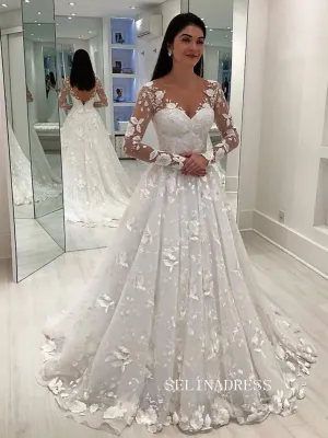 Chic A-line V neck Long Sleeve Wedding Dress Rustic Lace Bridal Gowns JKW209