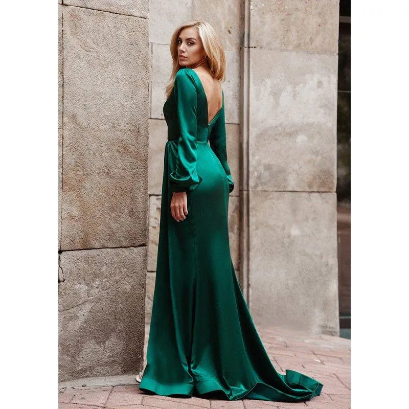 Chic & Modern V-neck Long Sleeves Pleats High Split Prom Dress with Train