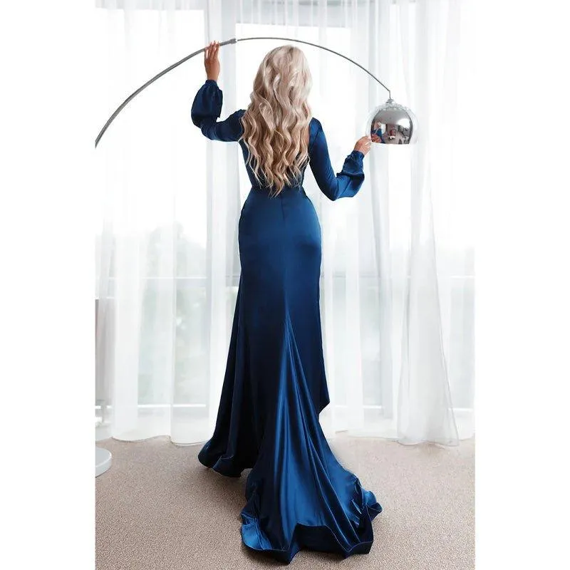 Chic & Modern V-neck Long Sleeves Pleats High Split Prom Dress with Train