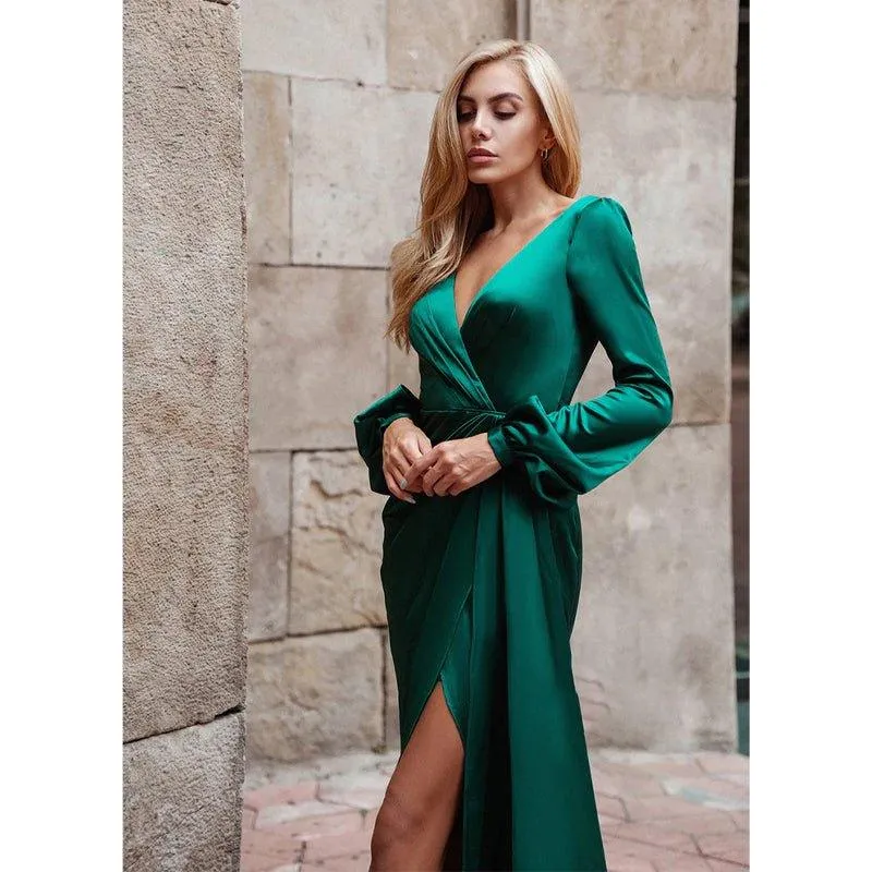 Chic & Modern V-neck Long Sleeves Pleats High Split Prom Dress with Train