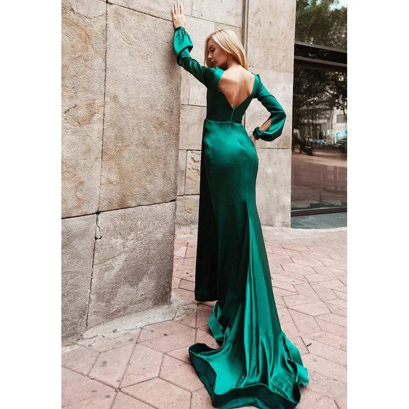 Chic & Modern V-neck Long Sleeves Pleats High Split Prom Dress with Train