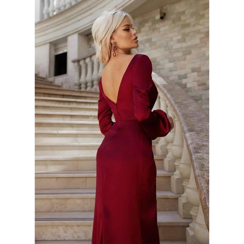 Chic & Modern V-neck Long Sleeves Pleats High Split Prom Dress with Train